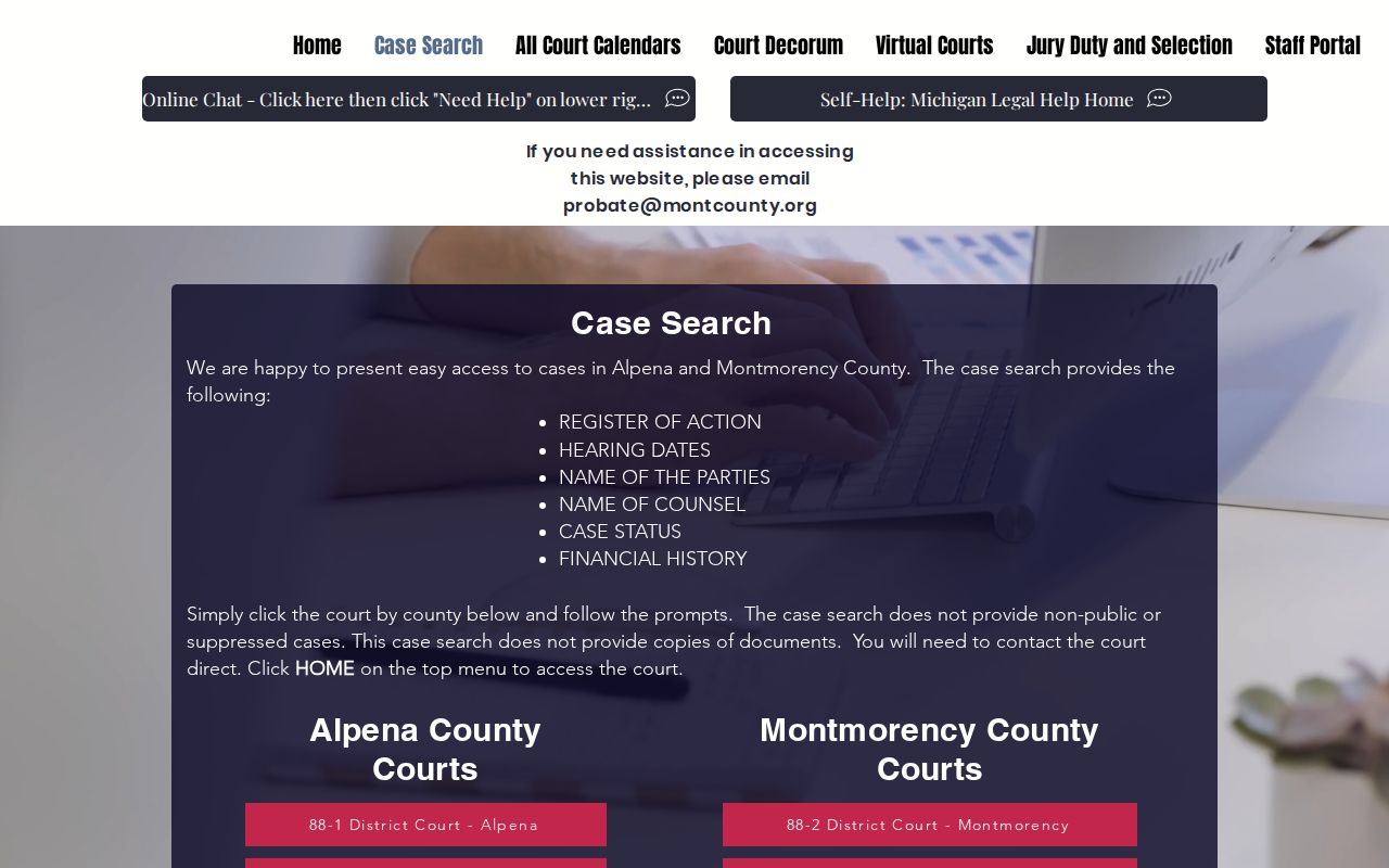 Montmorency County docket search local case search launch page listing public case information