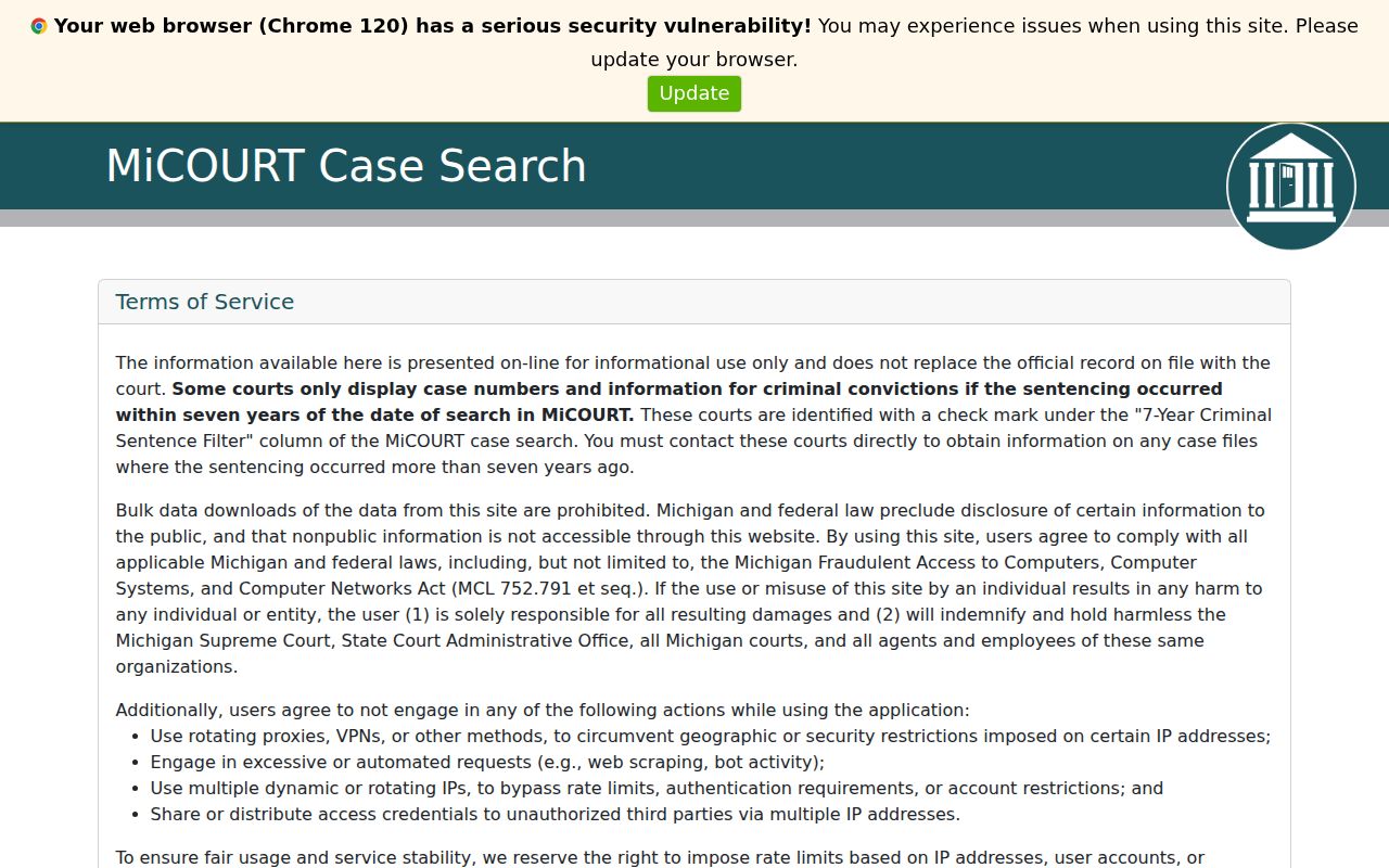 Montmorency County docket search MiCOURT public case search terms and entry screen
