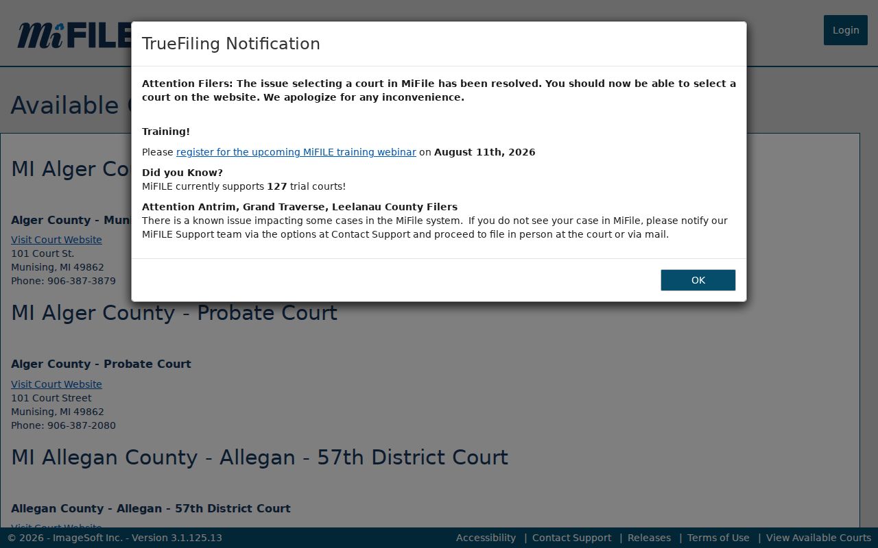 Montmorency County docket search TrueFiling directory card for 88-2 District Court