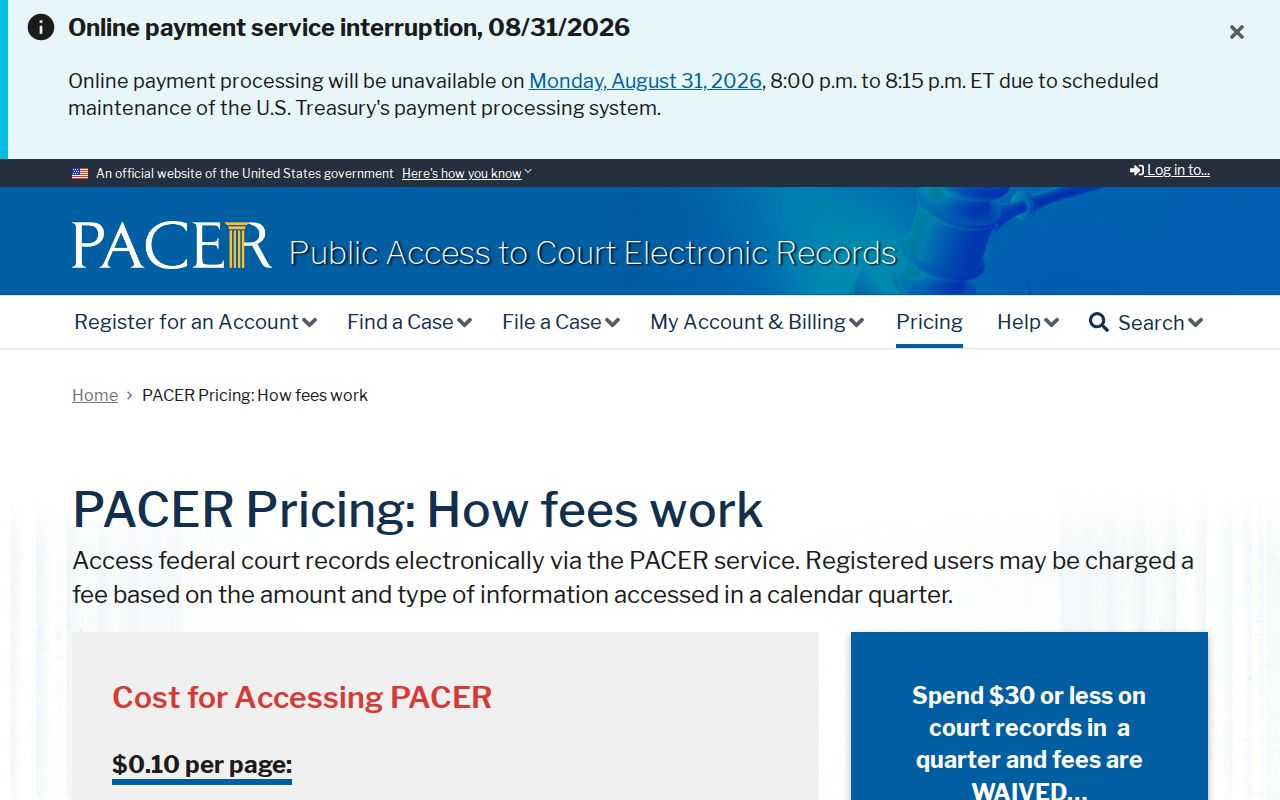 Montmorency County docket search federal PACER fee information distinct from county court records