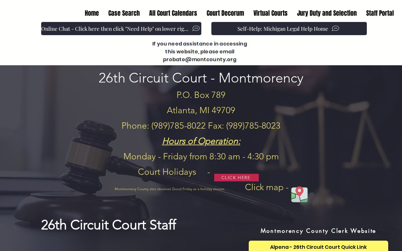 Montmorency County civil docket source for the 26th Circuit Court and County Clerk