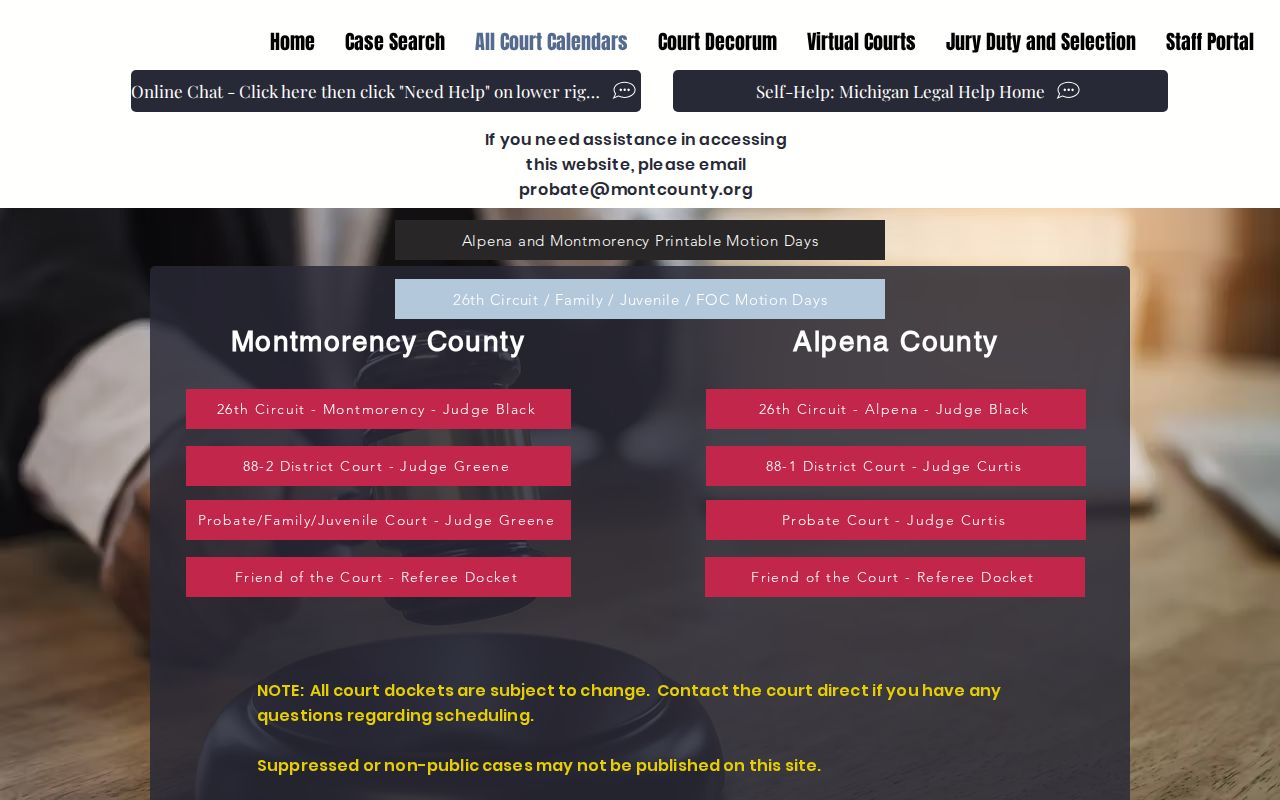 Montmorency County court schedule calendar index for Circuit, District, Probate, Family, Juvenile, and Friend of the Court