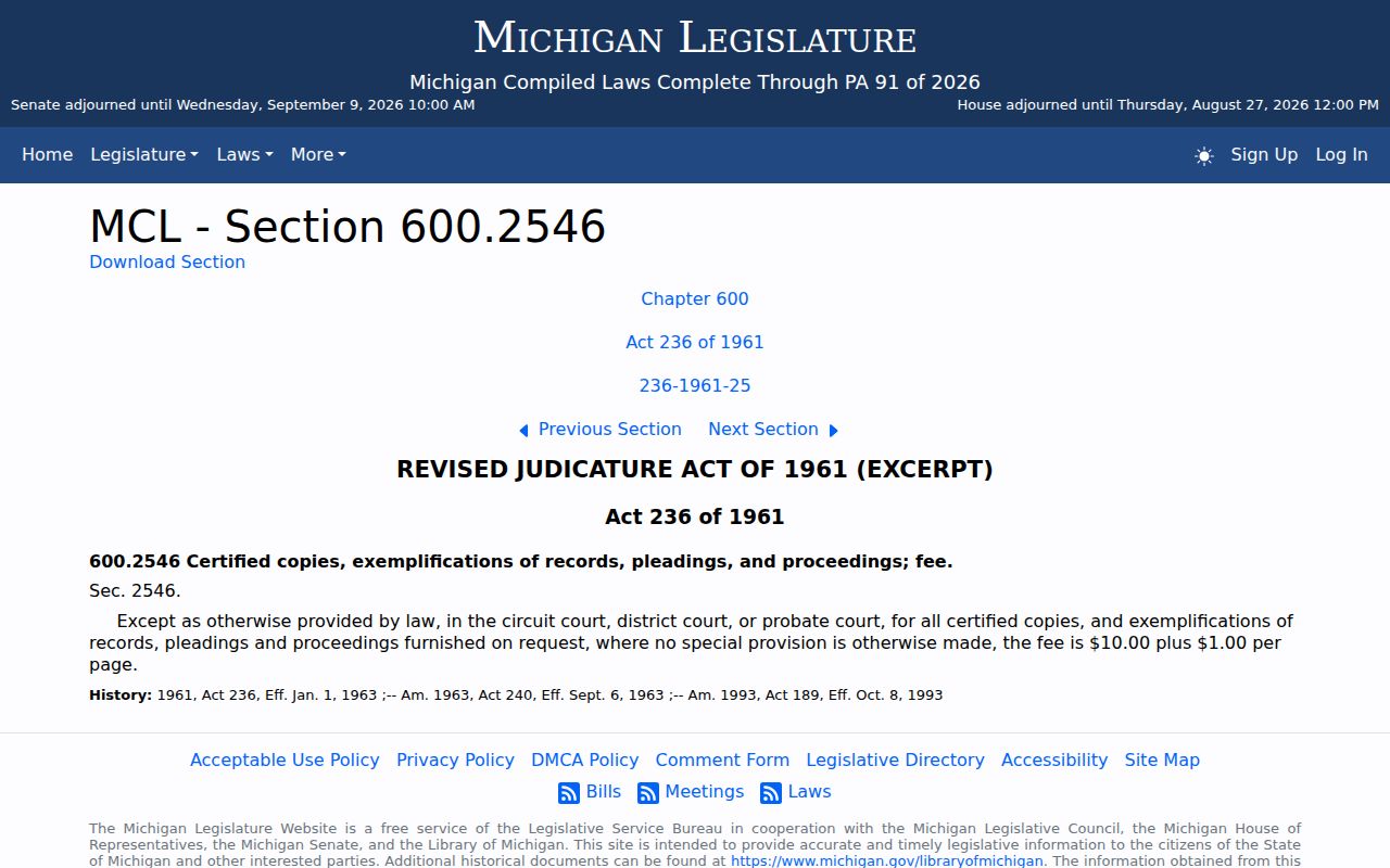 Montmorency County court case records Michigan certified copy fee statute