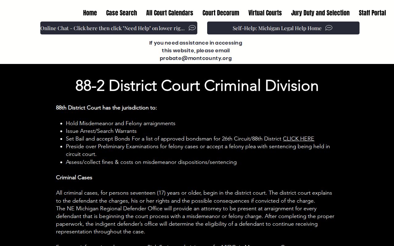 Montmorency County criminal docket source for the 88th District Court criminal division